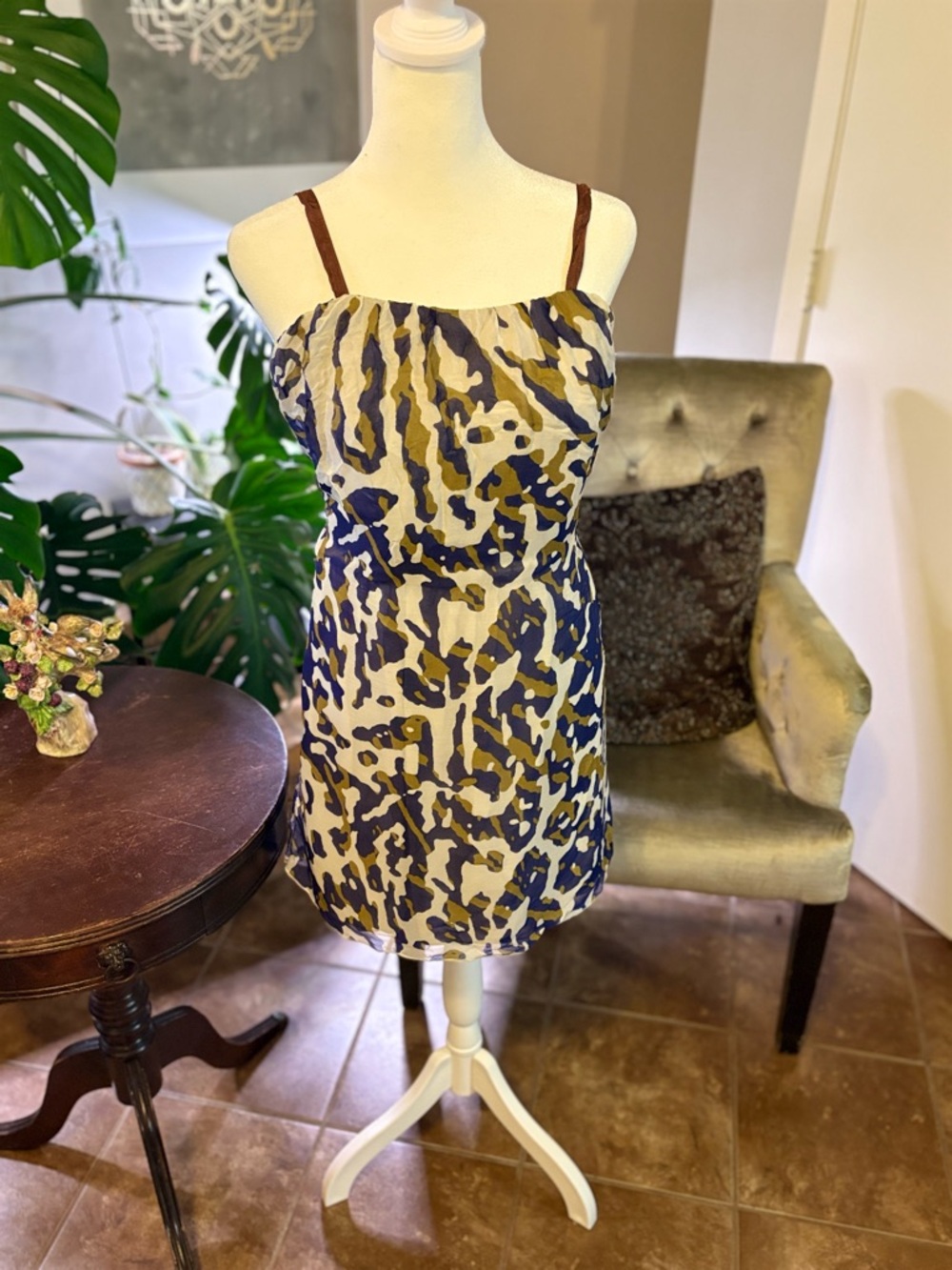 Single Brown Straps Navy and Olive Animal-Print Mini Dress